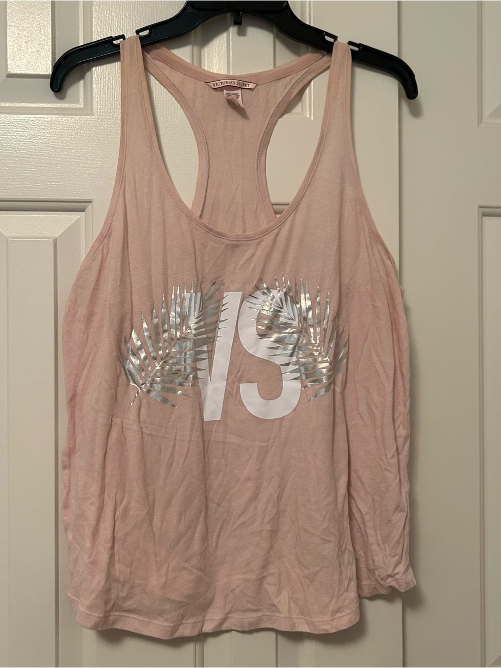 Victoria's Secret Pale Pink Palm Logo Glitter VS Graphic Casual Tank Top Large